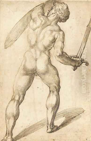 A nude seen from behind holding a sword and a shield - view 1