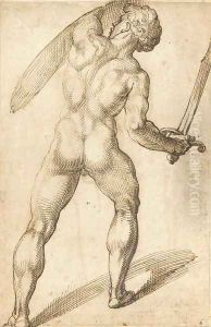 A nude seen from behind holding a sword and a shield
