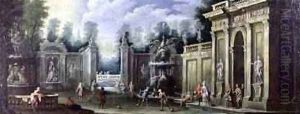 Architectural capriccio with figures by Pietro (Il Mirandolese) Paltronieri