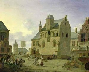 Town square with figures and peasants trading in a market place