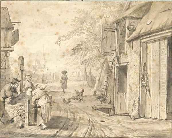 A village street with three peasants by a well, a church beyond - view 1