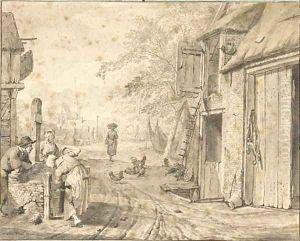 A village street with three peasants by a well, a church beyond