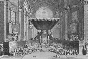 Canonization of Saints in St. Peters Church in Rome, in 1712, engraved by T. Brown, from World Religion, published by A. Fullarton and Co. by Picart