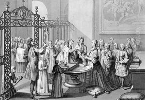 Baptism according to the Church of Rome in the 18th century, engraved by A. Thorn, from World Religion, published by A. Fullarton and Co. by Picart