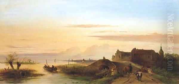 Figures by a bridge in an extensive river landscape at dusk - view 1