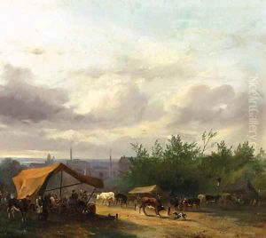 A cattle-market with factories in a town beyond by Jacobus Pelgrom