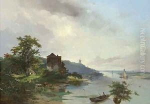 Panoramic view of a river landscape by Jacobus Pelgrom