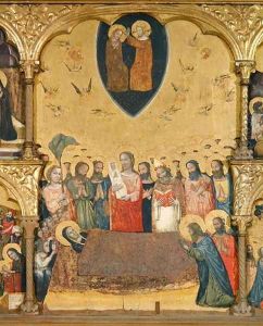 Polyptych of the Dormition of the Virgin, detail of the Dormition and Coronation by Jacopino di Francesco Pseudo