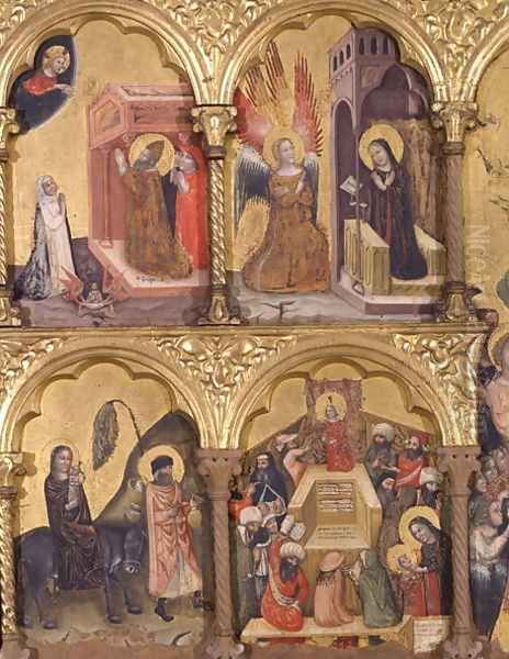 Polyptych of the Dormition of the Virgin, detail of St. Gregory the Great 540-604 Praying for the Deliverance of the Soul of Trajan 53-117 from Purgatory, the Annunciation, the Flight into Egypt and Jesus with the Doctors - view 1