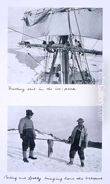 Top Furling Terra Novas sail in the ice pack. Bottom Ponting and Lashly bringing home the octopus. from Scotts Last Expedition - view 1