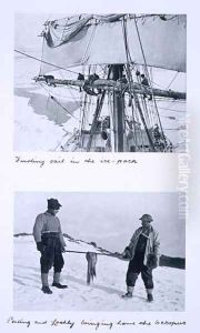 Top Furling Terra Novas sail in the ice pack. Bottom Ponting and Lashly bringing home the octopus. from Scotts Last Expedition by Herbert Ponting