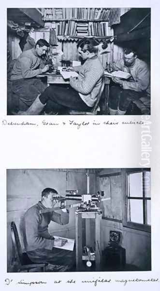 Top Debenham, Gran and Taylor in their cubicle. Bottom Dr Simpson at the unifilar magnetometer. Scotts Last Expedition, Winter Journey, 27 June - 1 August 1911 - view 1