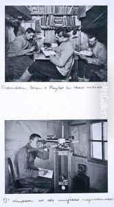 Top Debenham, Gran and Taylor in their cubicle. Bottom Dr Simpson at the unifilar magnetometer. Scotts Last Expedition, Winter Journey, 27 June - 1 August 1911 by Herbert Ponting