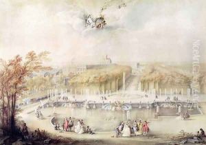 View of the Gardens and the Chateau of Versailles from the Neptune Fountain by Jacqes Andre Portail