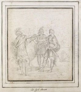Scene From Roman History With Three Roman Soldiers Around Aglobe
