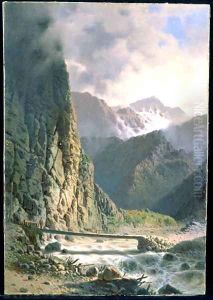 Plank bridge in a deep gorge in the Caucasus Mountains, c.1860 by Luigi (Ludwig Osipovich) Premazzi