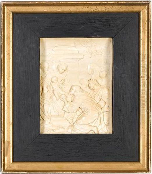 The Figure Of Mary Seated
Infront Of A Pillar, Holding The Infantchrist, Caspar Kneeling Before
Him Offering His Gift, Withbalthazar And Melchoir By His Side, A Horse
And Groom Carved To Thebackground - view 1