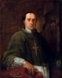 Portrait Of A Clergyman, 
Half-length, Holding A Book In His Right Hand, Leaning On A Draped Table
 With A Pocket Watch, Standing Before A Curtain Embroidered With A 
Coat-of-arms