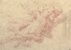 Two Angels In Flight, Looking Down To The Right by Carlo Maratta or Maratti