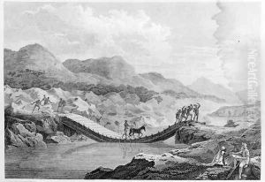 Self portrait sketching the bridge on the Bafing River, Senegal, from Travels in the Interior Districts of Africa, published 1799 by Park, Mungo