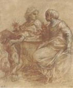 A Seated Man Writing On A Tablet, Turning Back To A Woman A Seated Man Writing On A Tablet, Turning Back To A Woman