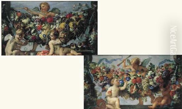 Amours Jouant Avec Des Guirlandes De Fleurs Et De Fruits - view 1
