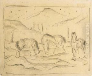 Drei Pferde In Hugeliger Landschaft by Franz Marc