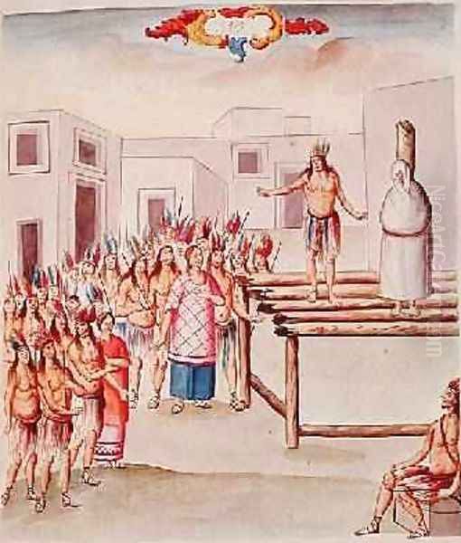Tome 4 fol.19 View of Plaza de Thalco with an Indian tied to a stake, from Teatro de la Nueva Espana, 1640 - view 1
