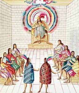 Tome 3 fol.7 King Montezuma II 1466-1520 and his Council, from Teatro de la Nueva Espana, 1640