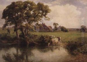 Cattle watering near a farmhouse by Thomas Pyne