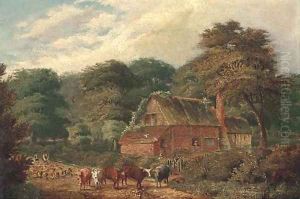 Cattle and sheep before a cottage by David Payne