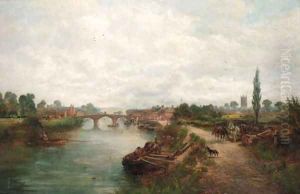 Figures on a tow path with a town beyond by David Payne