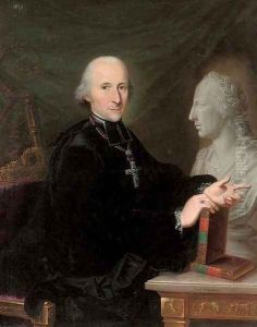 Portrait of a cleric, three-quarter-length, a book in his right hand, by a marble bust by Karl Kaspar Pitz