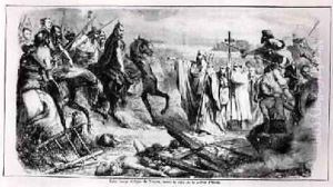 St. Loup defending the city of Troyes against Attila the Hun c.406-453 on his Horse, illustration from a history of France, 2nd half 19th century by Adolphe Francois Pannemaker
