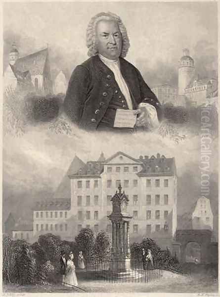Portrait of Johann Sebastian Bach, Bachs Monument and St. Thomas Church and School in Leipzig, c. 1860 - view 1