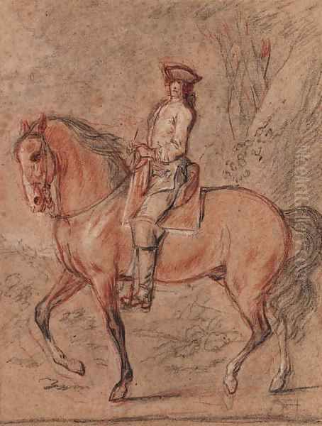 A gentleman wearing a tricorn hat on horseback in a landscape A study for an equestrian portrait of King Louis XV by Charles Parrocel