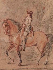 A gentleman wearing a tricorn hat on horseback in a landscape A study for an equestrian portrait of King Louis XV by Charles Parrocel