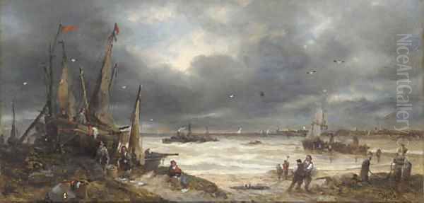 Fisherfolk working on the shore - view 1