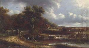 Figures by a river, a landscape beyond by John Anthony Puller