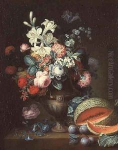 Still life of flowers in a classical vase with a cut melon, 1768 by Philippe Parpette