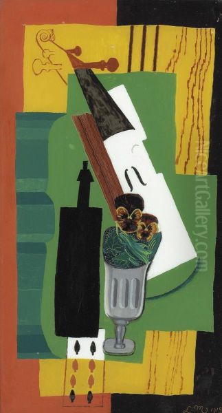Violon, Bouteille Fleurs Dans Un Verre Et Huit De Pique - view 1