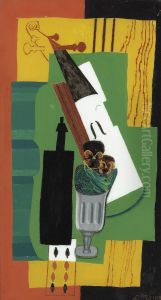 Violon, Bouteille Fleurs Dans Un Verre Et Huit De Pique by Louis Marcoussis
