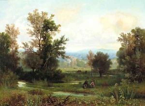 A couple seated on a riverbank with the Alps beyond