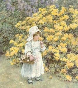 A little girl carrying a basket of flowers before an azalea bush by Caroline Paterson