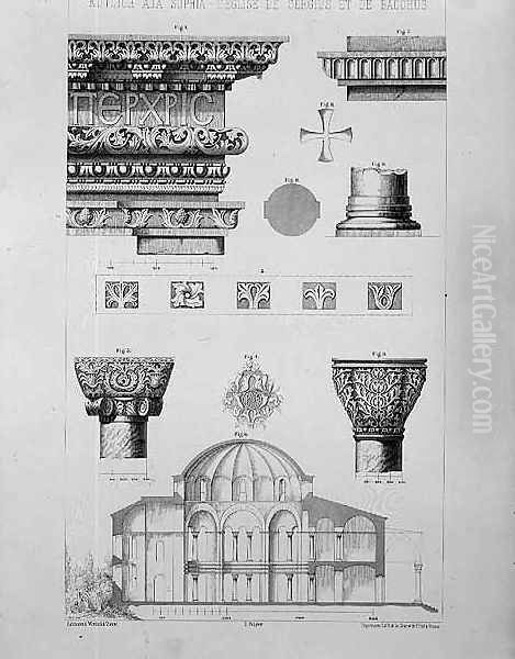 Cross section and architectural details of Kutciuk Aja Sophia, the church of Sergius and Bacchus, from Church Architecture of Constantinople, pub. by Lehmann and Wentzel of Vienna, c.1870-80 - view 1