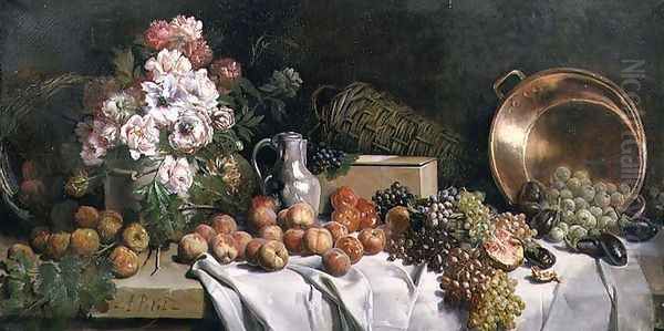 Still life with flowers and fruit on a table - view 1