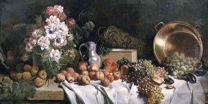 Still life with flowers and fruit on a table Still life with flowers and fruit on a table