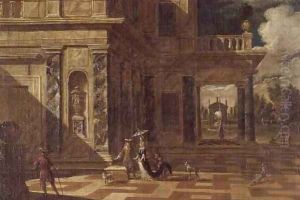 Architectural capricci with elegant figures by Jacob Balthasar Peeters