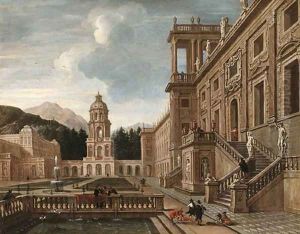 The Courtyard of a fantastical Palace with Figures gathered around a Fountain
