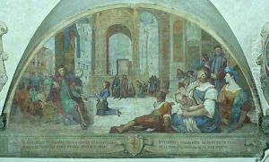 The Young St. Anthony Praying Before the Crucifix in the Town Square by Bernardino Barbatelli Poccetti